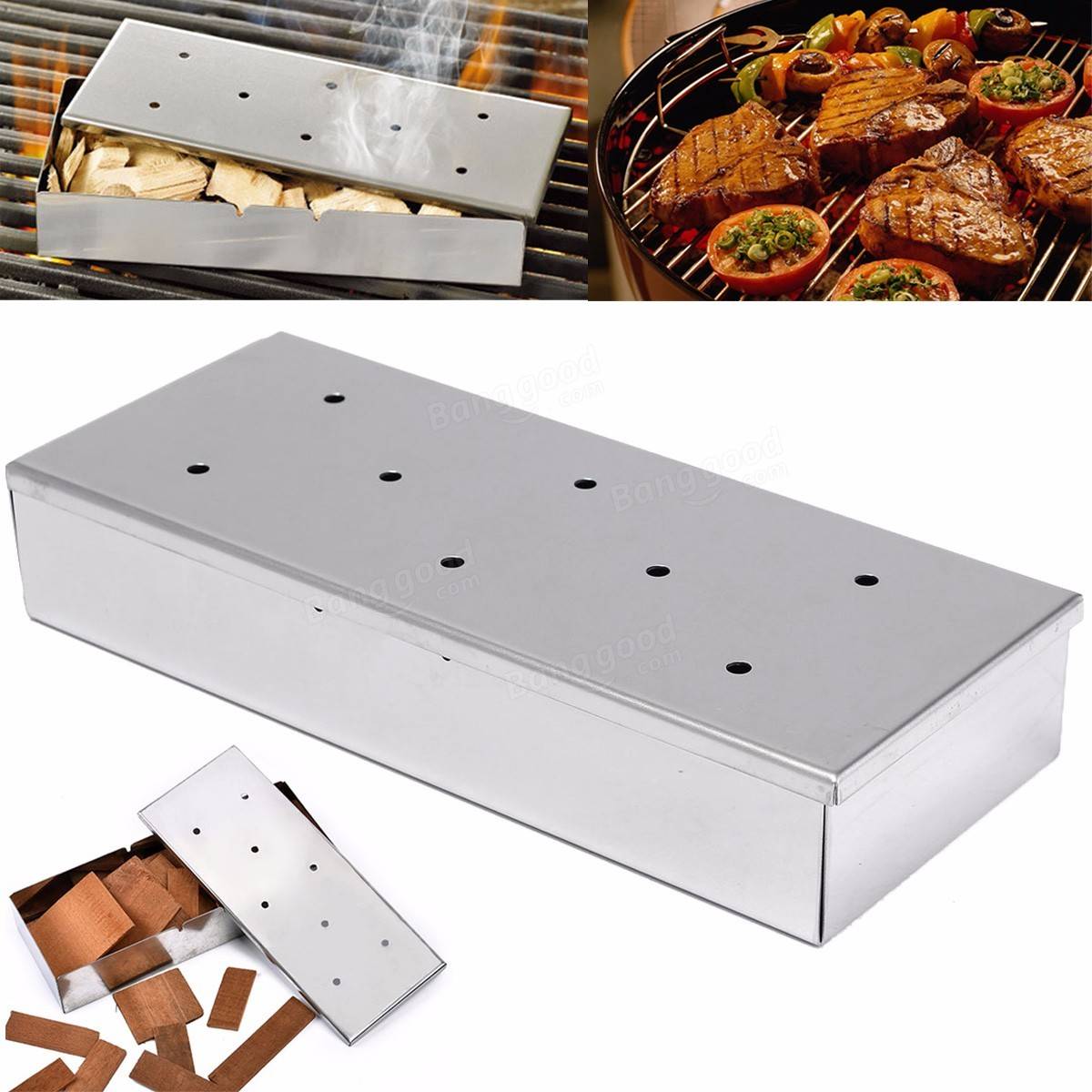 Stainless Steel BBQ Gas Grill Smoker Box Home Garden Outdooors Wood ...