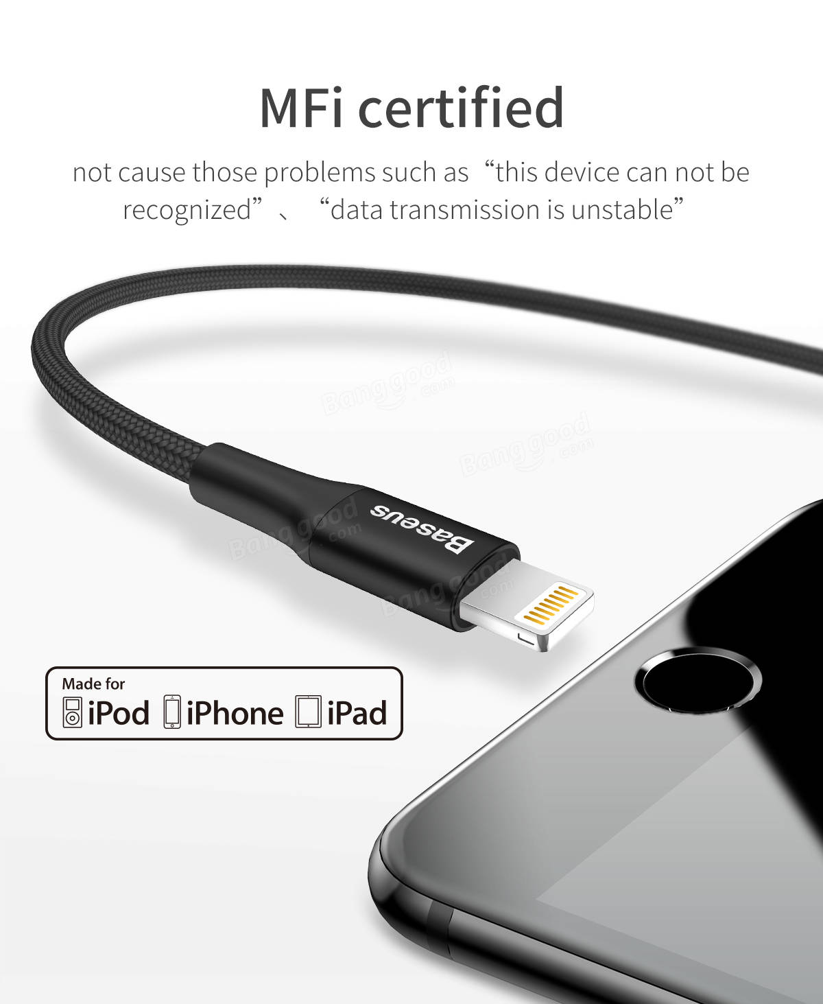 Baseus Anti-wrap Lightning to USB 2.4A Braided Data Charging Cable with MFI for iPhone 7 Plus iPad