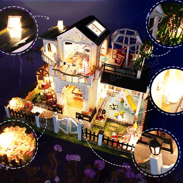 Hoomeda DIY Wood Dollhouse Miniature With LED Furniture Cover Music ...