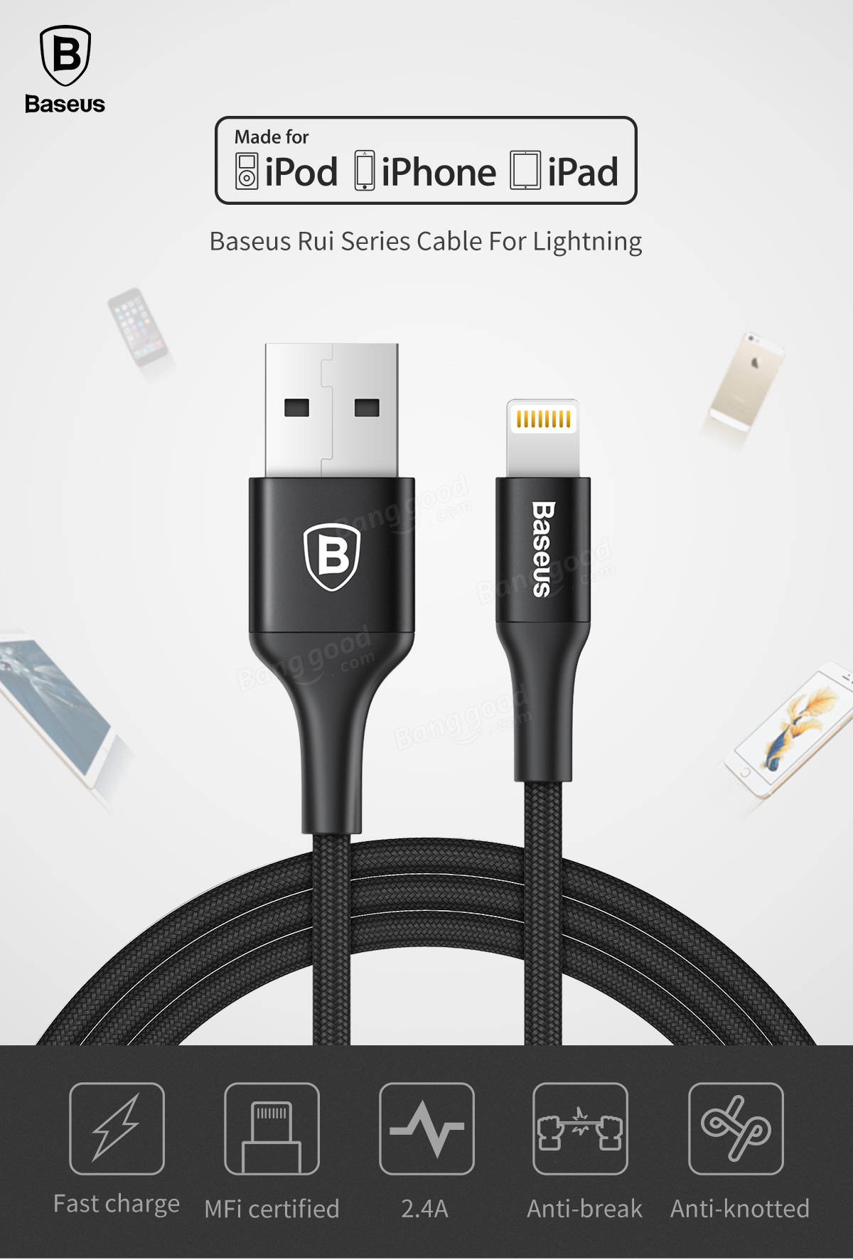 Baseus Anti-wrap Lightning to USB 2.4A Braided Data Charging Cable with MFI for iPhone 7 Plus iPad